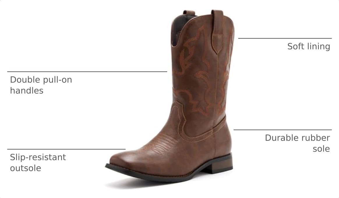 Cowboy Boots for Men Square Toe Classic Embroidered Western Boots