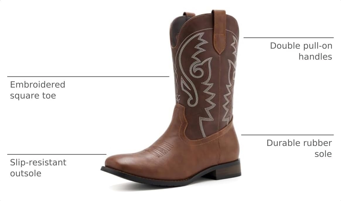 Cowboy Boots for Men Square Toe Classic Embroidered Western Boots
