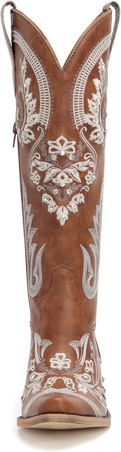 Western Cowboy Boots for Women Rhinestone Knee High Cowgirl Snip Toe