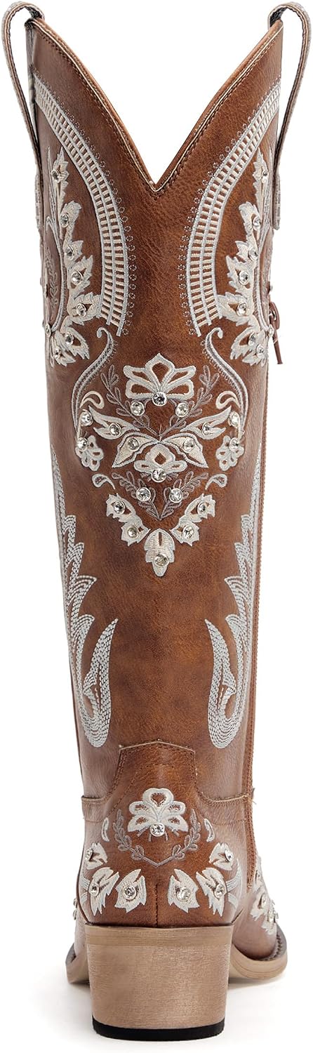 Western Cowboy Boots for Women Rhinestone Knee High Cowgirl Snip Toe