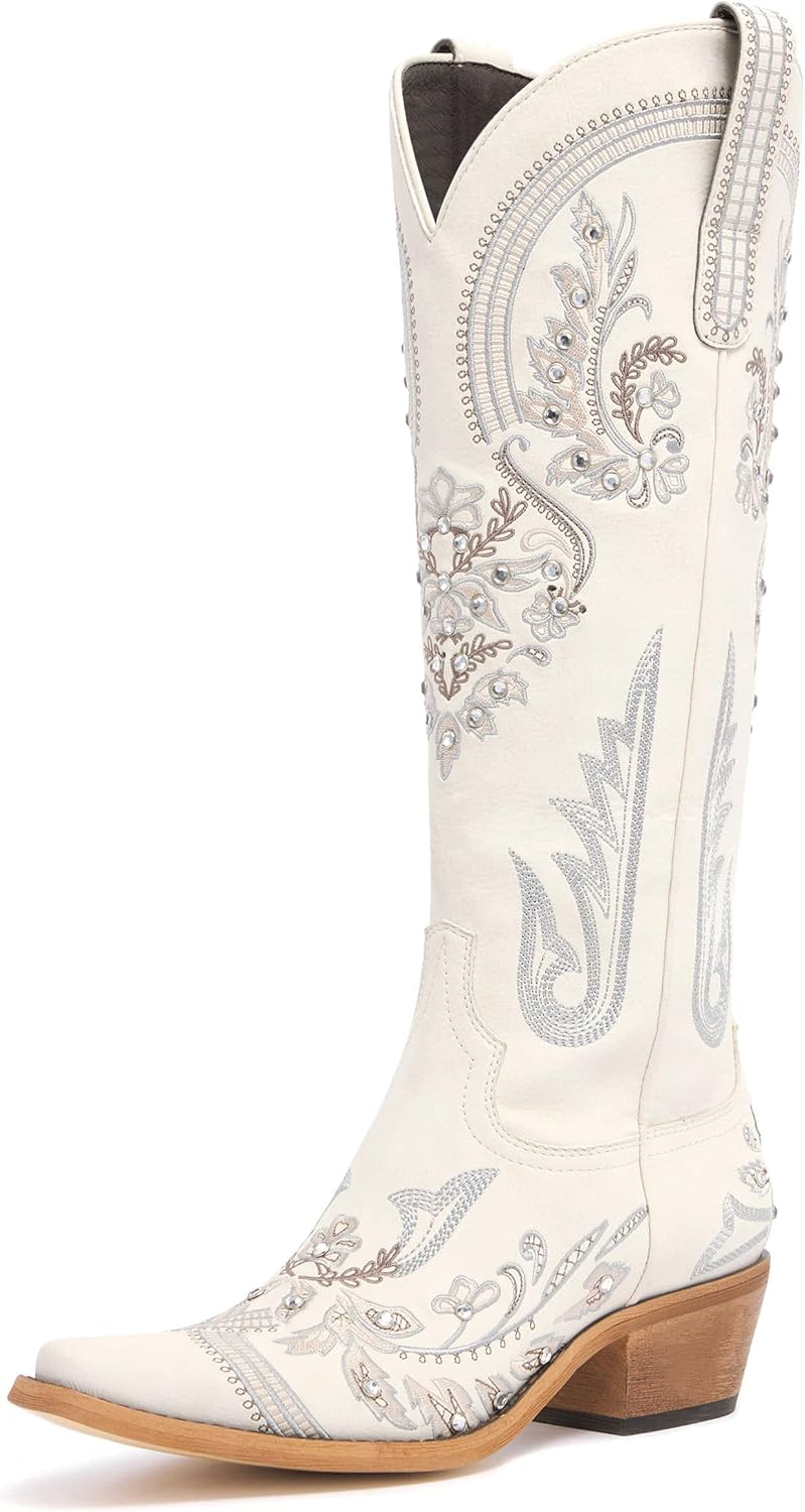 Western Cowboy Boots for Women Rhinestone Knee High Cowgirl Snip Toe