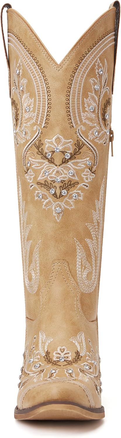 Western Cowboy Boots for Women Rhinestone Knee High Cowgirl Snip Toe