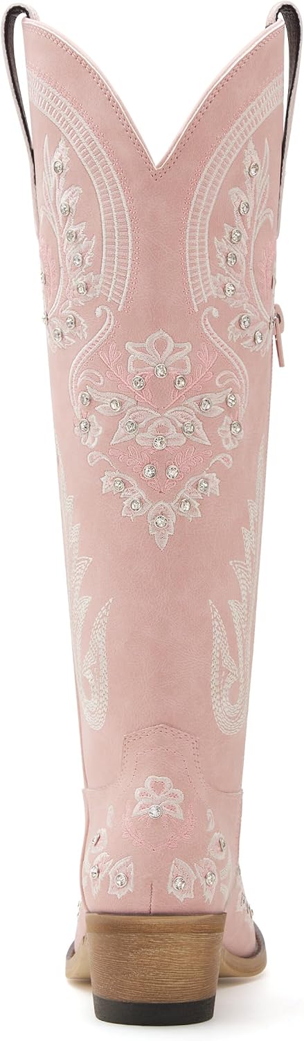 Western Cowboy Boots for Women Rhinestone Knee High Cowgirl Snip Toe