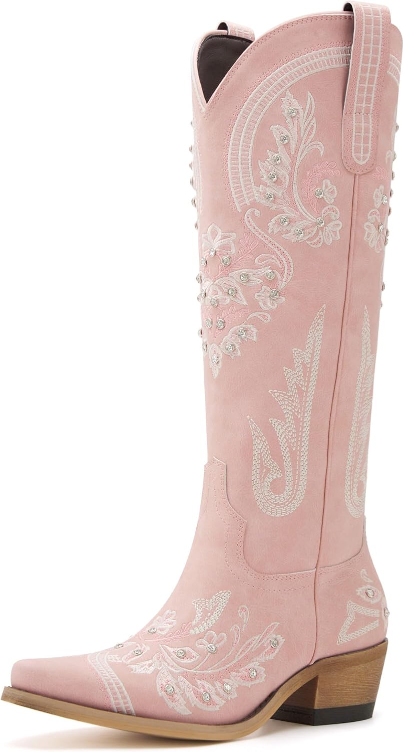 Western Cowboy Boots for Women Rhinestone Knee High Cowgirl Snip Toe