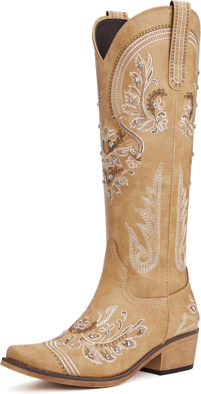 Western Cowboy Boots for Women Rhinestone Knee High Cowgirl Snip Toe