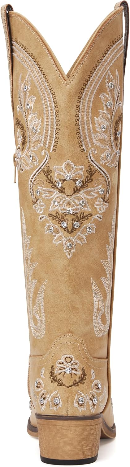 Western Cowboy Boots for Women Rhinestone Knee High Cowgirl Snip Toe