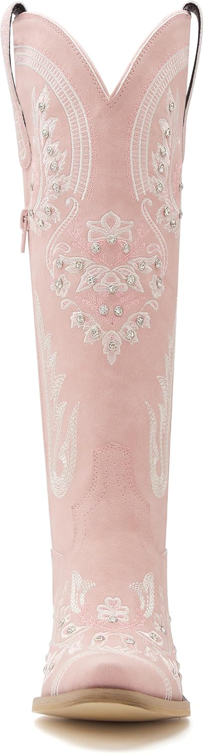 Western Cowboy Boots for Women Rhinestone Knee High Cowgirl Snip Toe